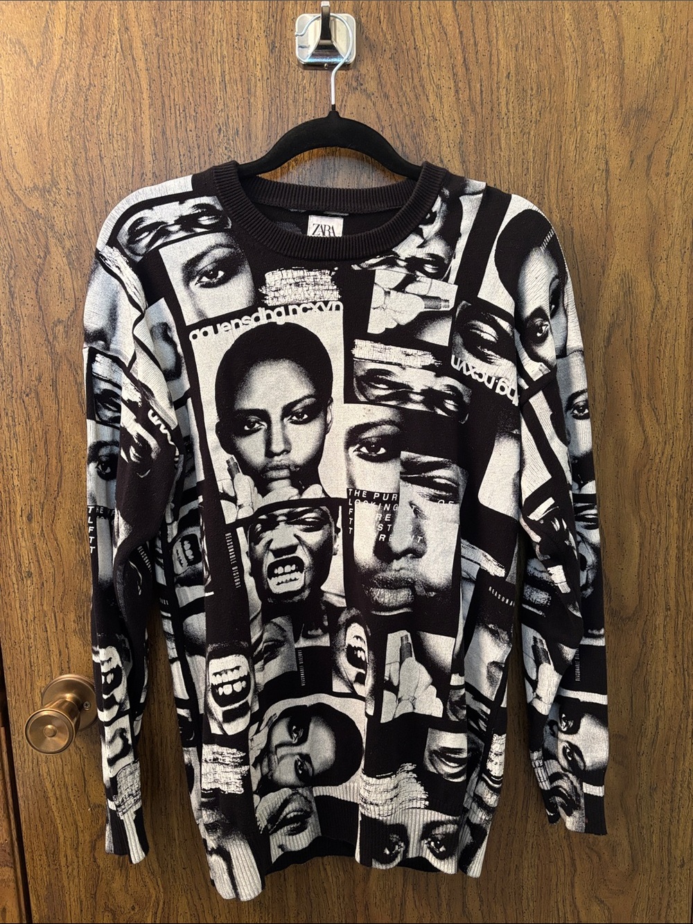 Zara Black & White Graphic Face-Print Crewneck Sweater